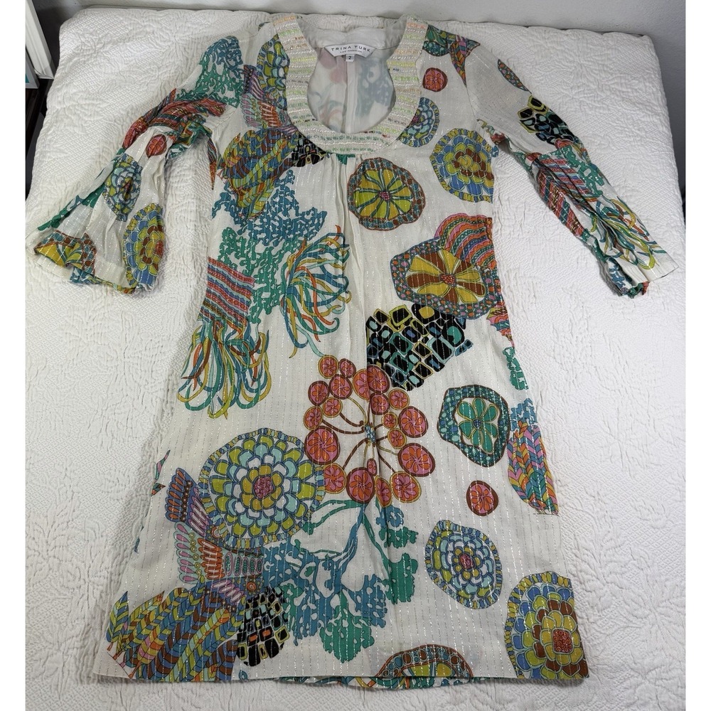 Trina Turk Pink Floral Mod Shift Dress - Metallic Embellished Neck‎ - Sz 2